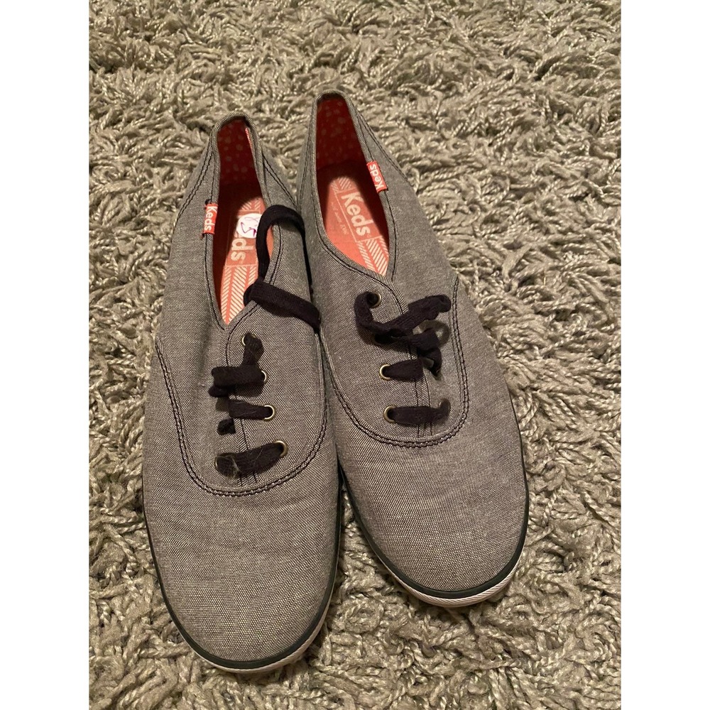 Keds Womens Grey Canvas Low Top Sneakers Black Laces WF50755M Pink Accents 8.5